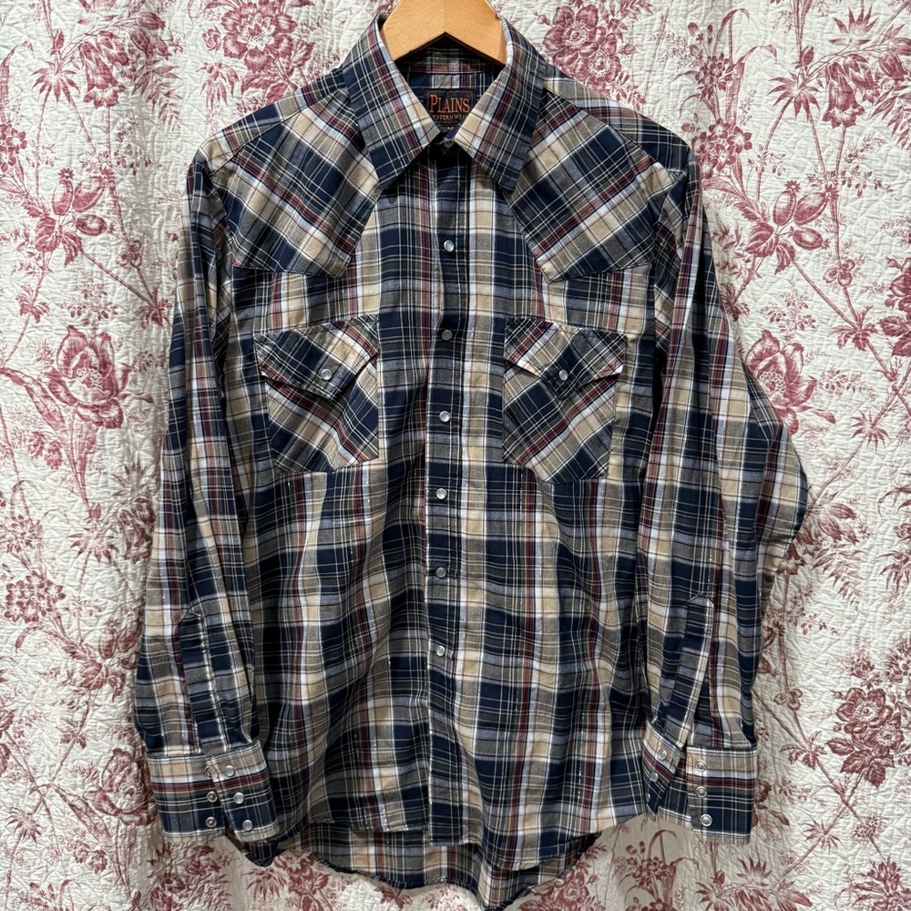 Plains Western Wear Plaid Snap Shirt Blue Tan Size Medium